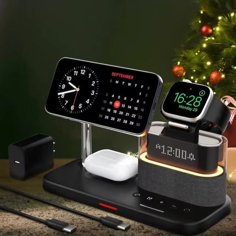 5 in 1 Multifunctional Magnetic Wireless Charger Stand RGB LED Night Light Alarm Clock For iPhone Samsung Xiaomi Fast Charging
