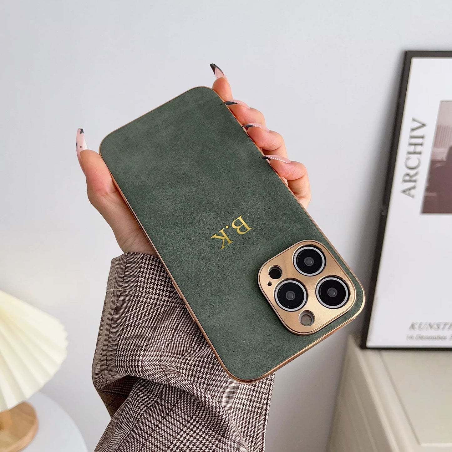 Personalised Customized Leather Name Case For iPhone 11 12 13 14 15 16 17 Pro Max 17 Air Plating Frame Lambskin Initials Cover
