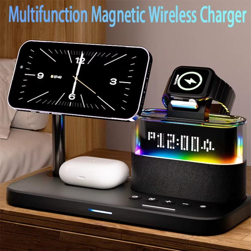 5 in 1 Multifunctional Magnetic Wireless Charger Stand RGB LED Night Light Alarm Clock For iPhone Samsung Xiaomi Fast Charging