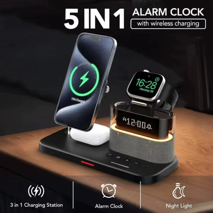 5 in 1 Multifunctional Magnetic Wireless Charger Stand RGB LED Night Light Alarm Clock For iPhone Samsung Xiaomi Fast Charging