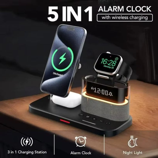5 in 1 Multifunctional Magnetic Wireless Charger Stand RGB LED Night Light Alarm Clock For iPhone Samsung Xiaomi Fast Charging