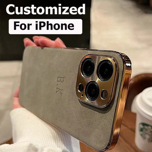 Personalised Customized Leather Name Case For iPhone 11 12 13 14 15 16 17 Pro Max 17 Air Plating Frame Lambskin Initials Cover