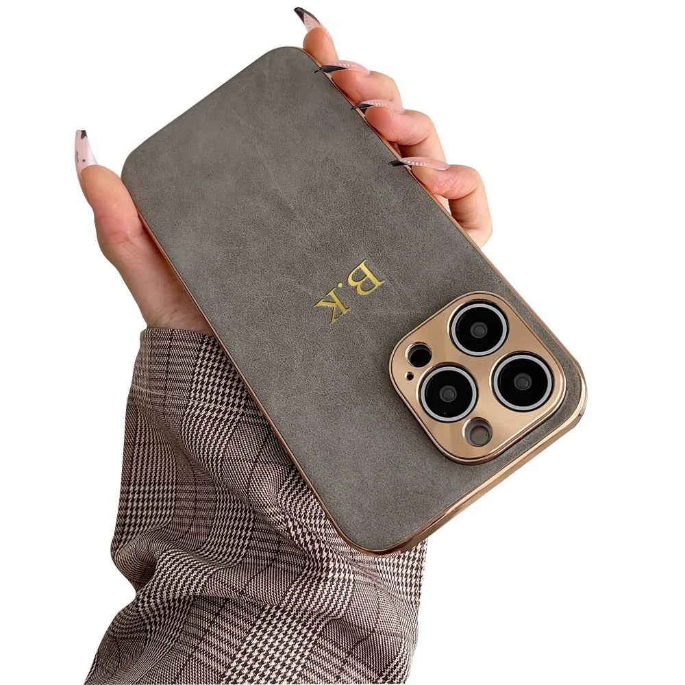 Personalised Customized Leather Name Case For iPhone 11 12 13 14 15 16 17 Pro Max 17 Air Plating Frame Lambskin Initials Cover