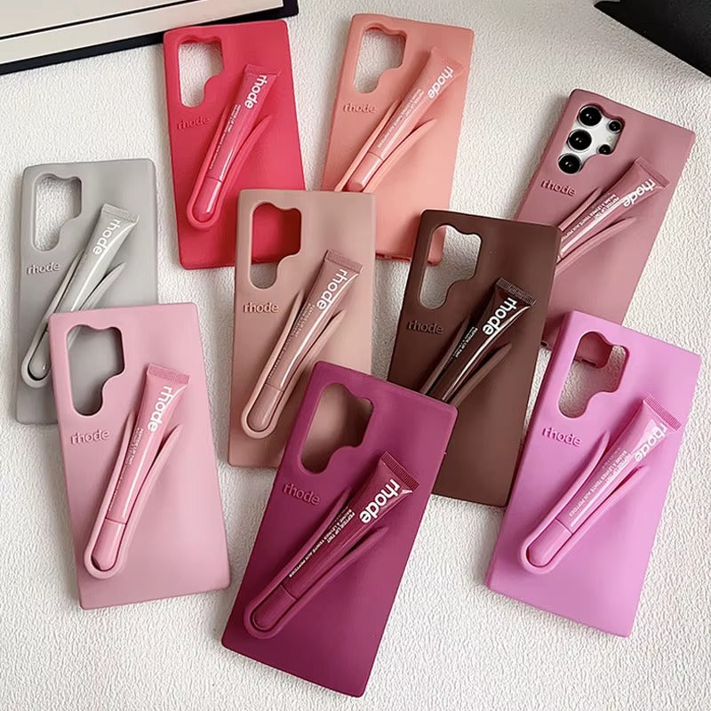 Genuine Lip Case with Lip Gloss Set for Samsung Galaxy S25 S24 S23 Ultra A17 A35 A56 A26 Silicone Bubble Cover With Gift Box